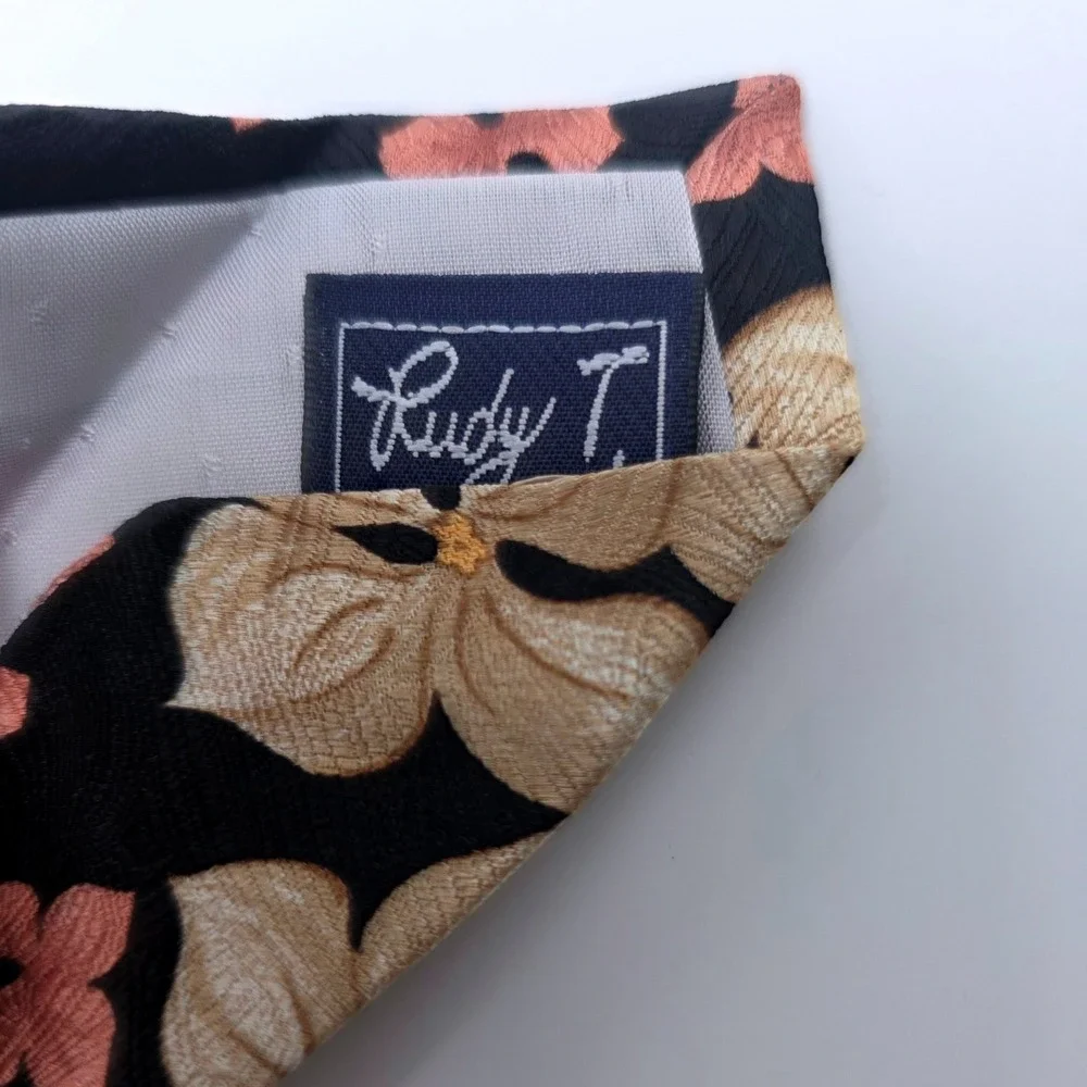 Rudy T Houston Mens Silk Floral Tie‎ Black Champagne Coral Hand Finished Spain